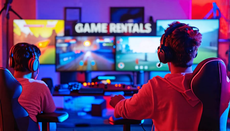 Gamers playing on state-of-the-art gaming setups provided by Canadian Game Rentals