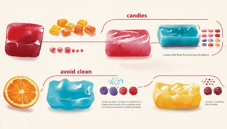 Step-by-step illustration of how candies are freeze-dried