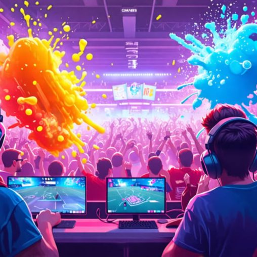 Gamers intensely focused on a freeze-dried candy challenge during an esports event, surrounded by a burst of colorful sweets and an enthusiastic audience.