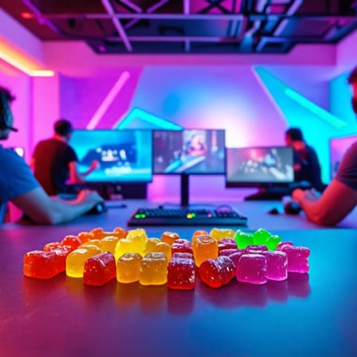 A futuristic gaming setup featuring vibrant THC gummies in the foreground and gamers using advanced gaming gear in the background, depicting the integration of cognitive enhancers in esports.