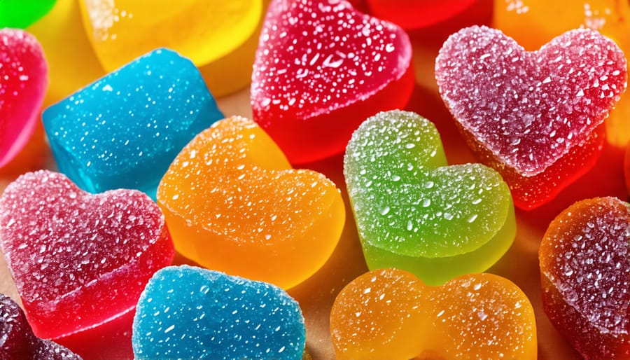 A variety of THC gummies with different colors and shapes displayed on a table