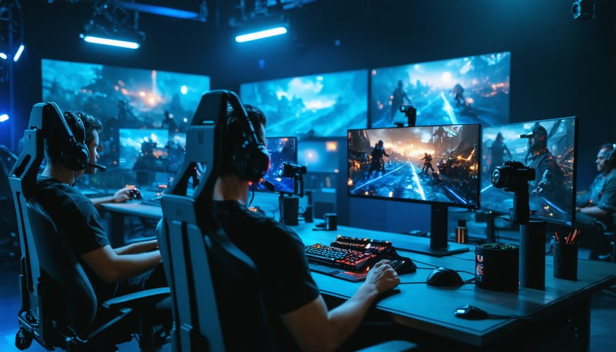 Esports gamers using broadcasting tools like facial cameras and live tickers