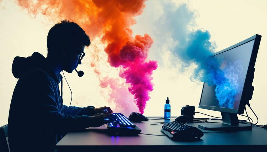 Conceptual image of health risks in esports gaming and vaping represented by gamer silhouettes and vape clouds