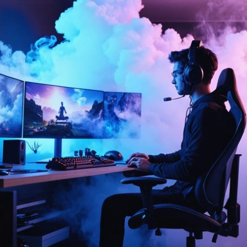 Conceptual image combining esports gaming gear, health risks, and vaping effects, depicting a gamer silhouette with ergonomic posture, vape clouds, and stress-relief icons.