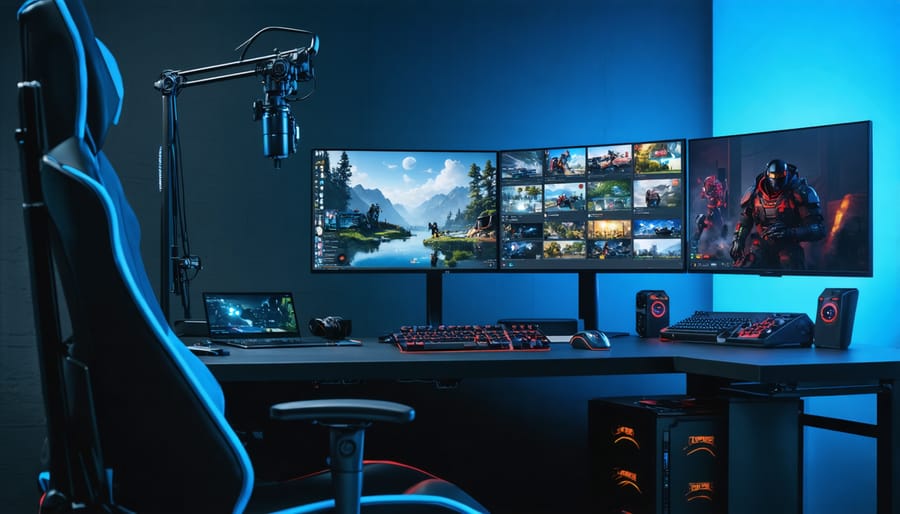 Professional esports streaming workspace with gaming monitors, microphone, and LED lighting setup