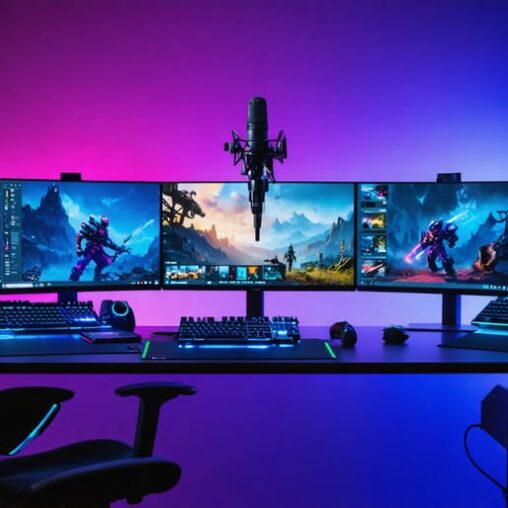 Professional esports streaming studio featuring dual RGB PC towers, triple monitors with blurred gameplay, XLR microphone, audio mixer, stream control pad, and multiple cameras under cyan-magenta LED lighting, with acoustic panels and a small Canadian flag in the background