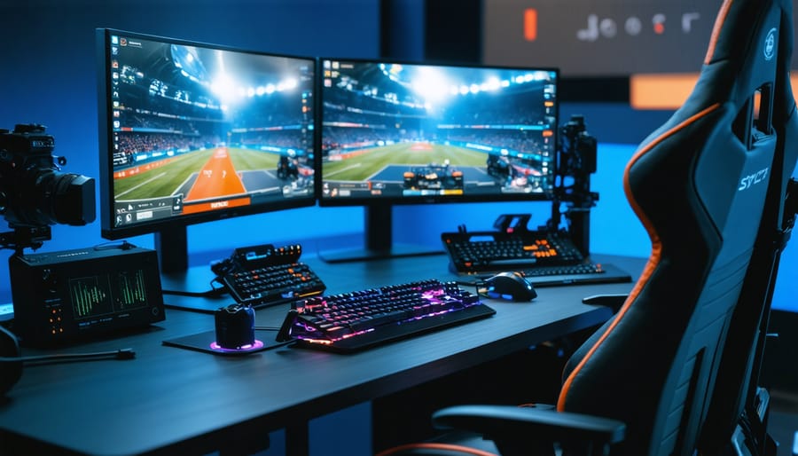 Broadcaster's hands on gaming keyboard with streaming software visible on monitor