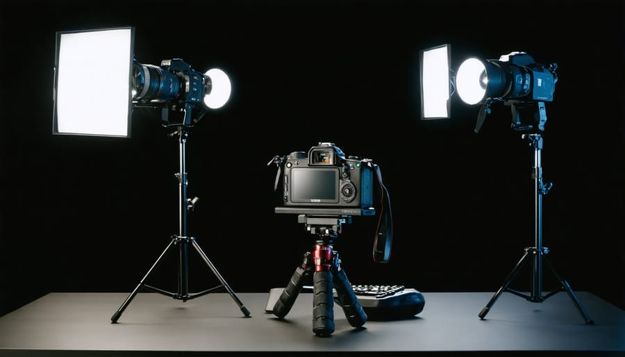 Professional three-point lighting setup for streaming with softboxes and gaming desk