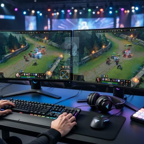 Over-the-shoulder view of an esports broadcast workstation with two monitors displaying a live game and translucent overlay panels, a compact audio mixer and stream deck in the foreground, and a blurred arena audience in the background, no visible text or logos