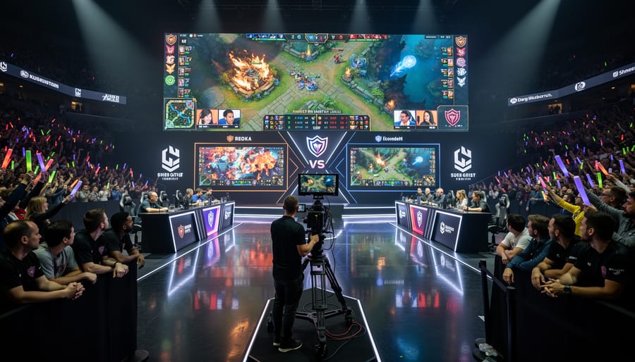 Esports tournament venue with large screens and engaged audience watching competitive gameplay