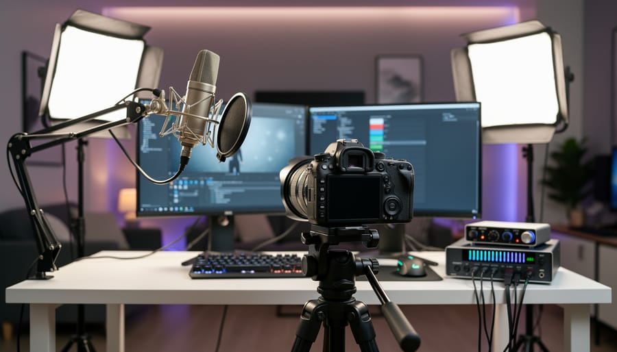 Professional streaming microphone, webcam, and ring light setup on gaming desk
