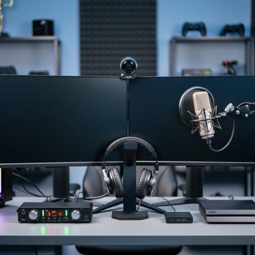 Eye-level view of a streaming desk with dual monitors and a webcam on top, USB cardioid mic on a boom at 45 degrees, audio interface, capture card connected to a game console, gaming PC plus a second encoder PC, headphones, and two LED panels; blurred shelves and acoustic panels in the background.