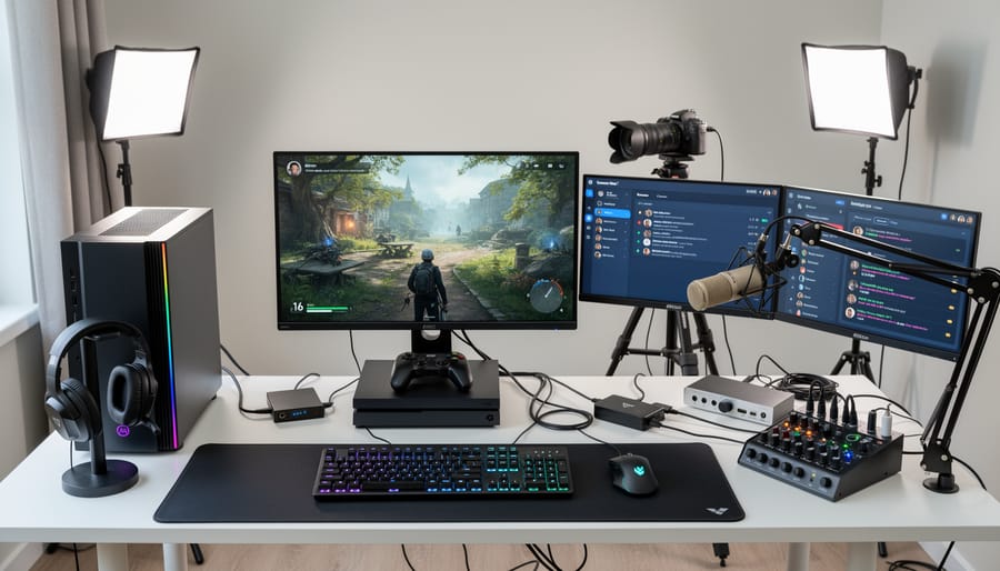 Gaming streaming equipment including capture card, cables, console, and computer arranged on desk