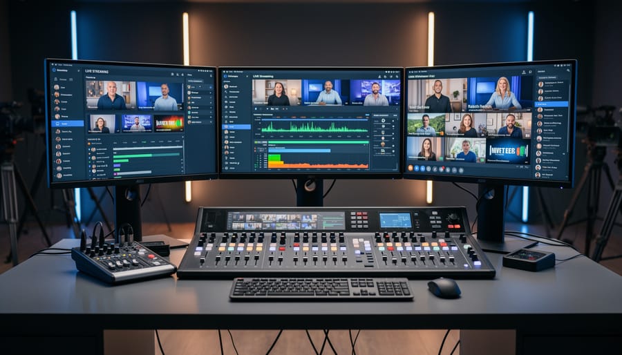 Streaming software interface on laptop with broadcasting control equipment on desk