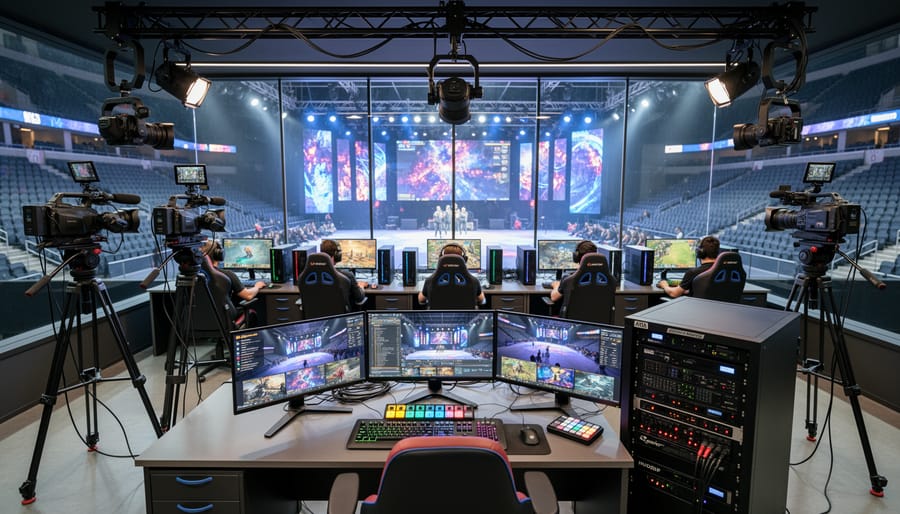 Multiple gaming stations with cameras and lighting equipment at esports tournament venue