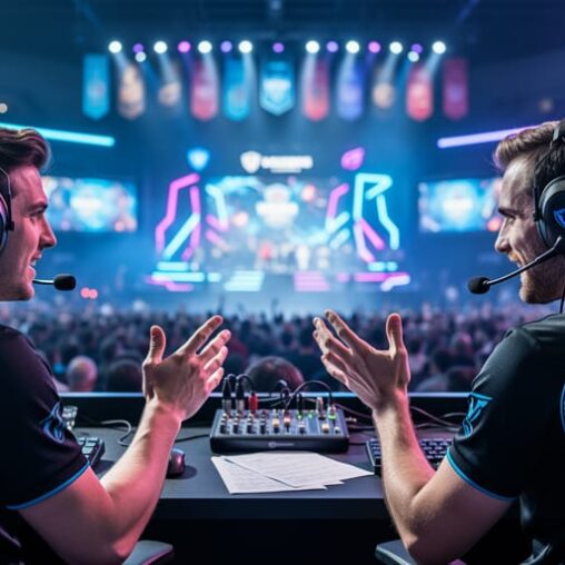 “Esports commentators in a broadcast booth wearing headsets, speaking into microphones with neon arena lights and a blurred tournament stage behind them.”