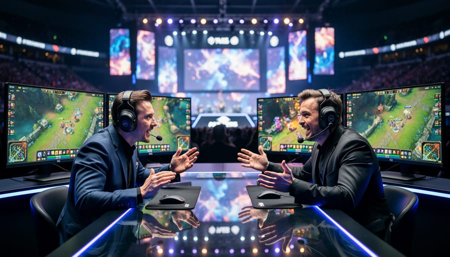 Esports commentators at a casting desk with headsets and microphones during a live event
