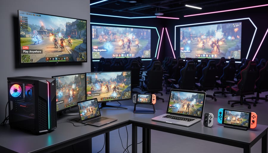 Esports-style gamers using different devices for streaming in a living room or event room