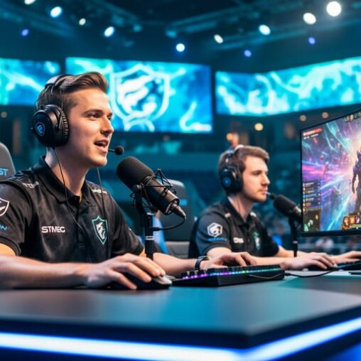 Commentators wearing headsets at an esports broadcast desk, speaking into microphones while a live match plays on a large monitor in a tournament venue.