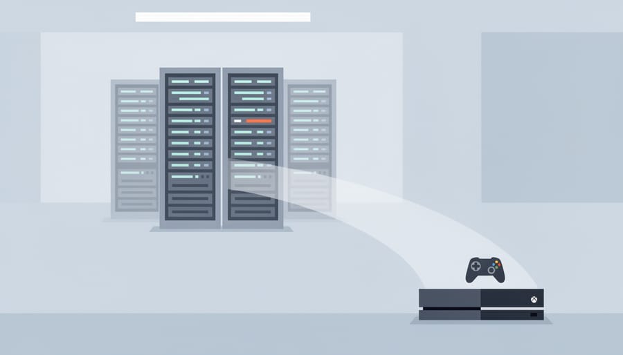 Futuristic server room with illuminated racks and glowing fiber-optic cables representing cloud gaming infrastructure