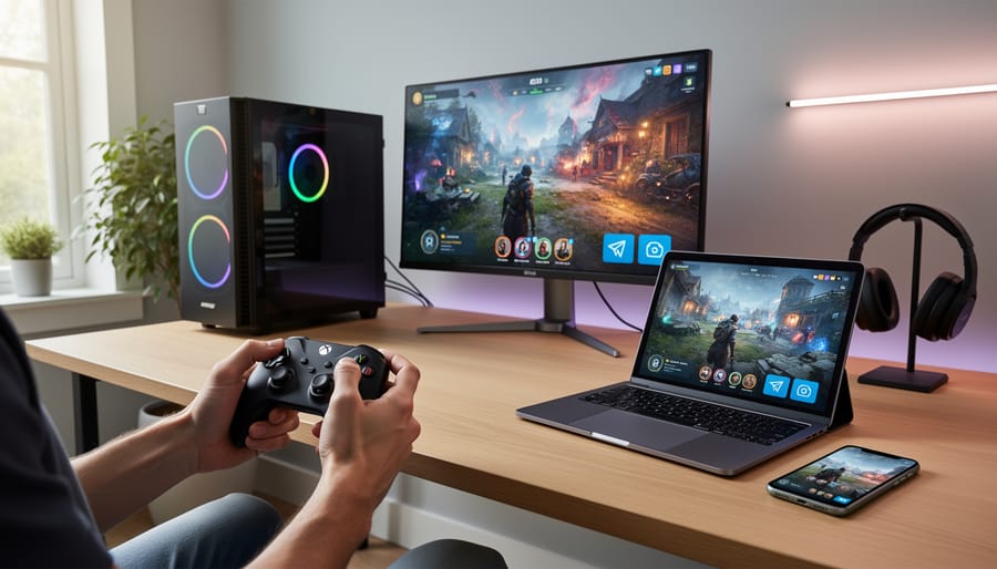 Gamer holding a controller at a living-room desk with a TV and smartphone nearby showing blurred streaming content
