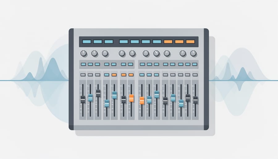 Hands adjusting controls on an audio mixing console next to esports broadcast equipment.