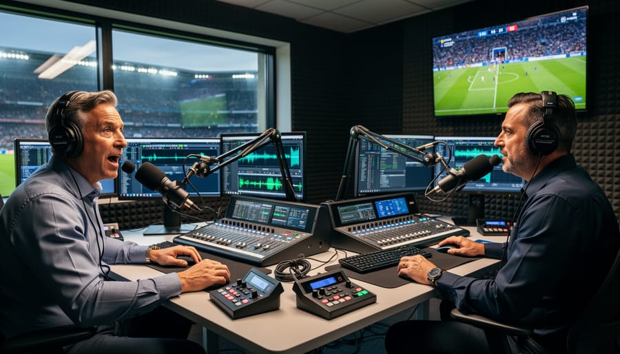 Two esports commentators at a broadcast booth with studio microphones and headsets during a live event.