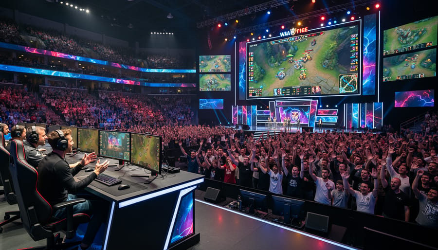 Wide view of an esports arena with stage lighting and a live broadcast atmosphere from the audience perspective.