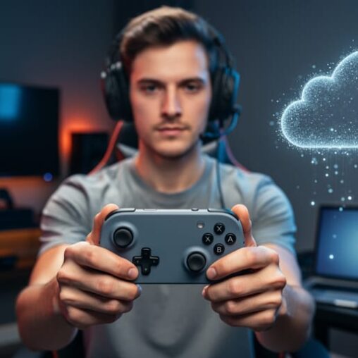 Person holding a gaming controller with a blurred background showing a home console TV setup and a cloud-like light concept over a laptop, representing remote play versus cloud gaming.