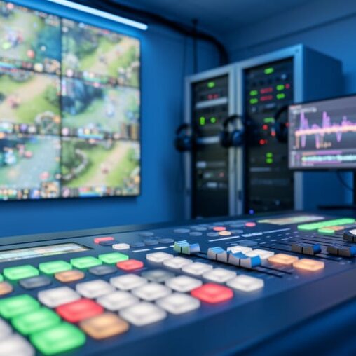 Esports production control room with a broadcast switcher console and multi-monitor video wall showing live gameplay feeds in a professional studio setting.