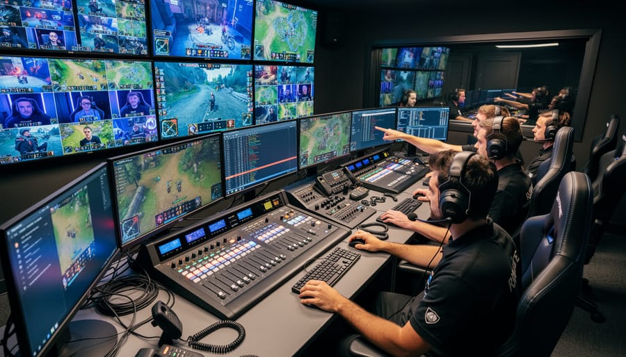 Esports producer in a control room operating a live production switcher with multiple monitors in view