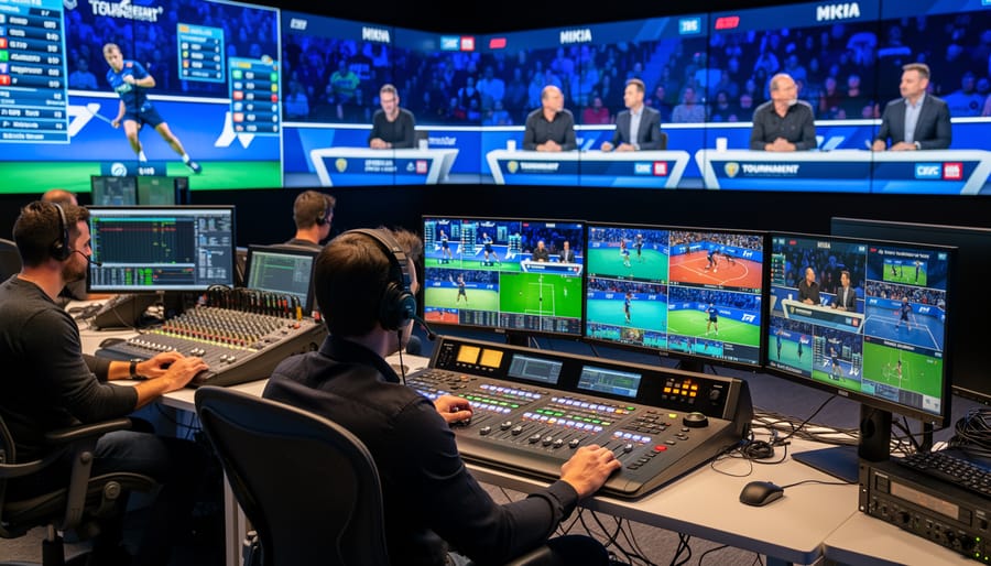 Esports broadcast crew in a studio control room with commentators and multiple monitors