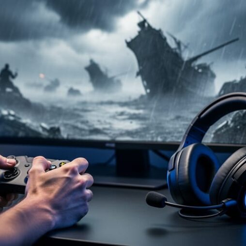 Esports player’s hands and headset near a monitor displaying a fog-and-rain battlefield environment, conveying changing in-game weather conditions