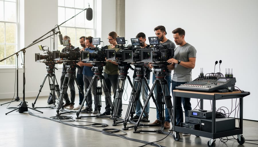 Camera operator filming an esports match with broadcast audio equipment in an arena