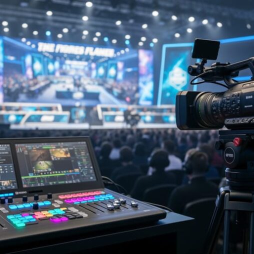 Multi-camera esports broadcast production setup with camera tripods, studio lighting, and a live tournament stage in view.