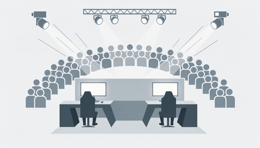 Crowd watching a large screen at a gaming activation while a streaming workstation powers the event