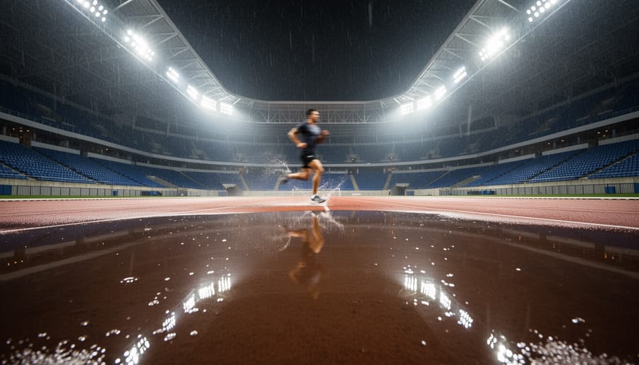 Rain-soaked esports arena floor with reflective puddles under cool neon lighting
