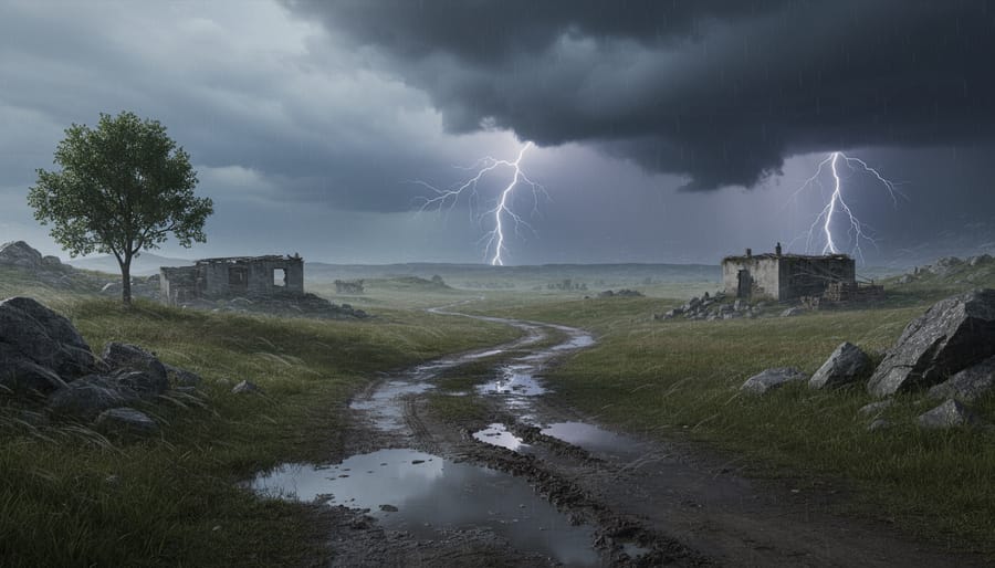 Storm clouds and distant lightning over an outdoor stadium field in dramatic natural lighting