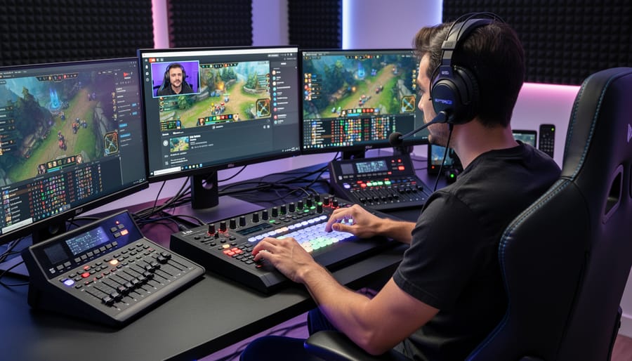 Streaming operator at an esports production control desk with monitor walls showing game action