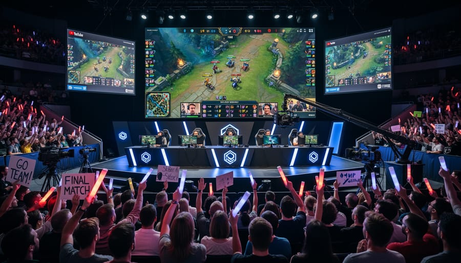 Audience and stage lighting at an esports tournament with a large LED screen showing gameplay