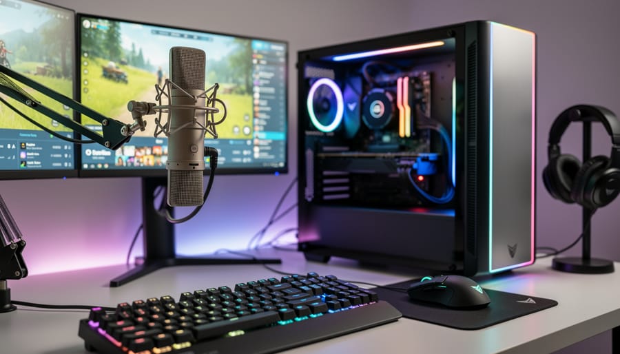 Close-up of capture hardware and connected cables for a gaming broadcast setup