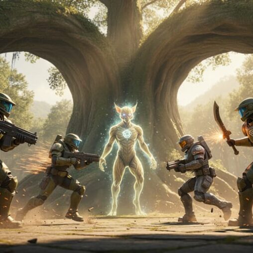 Co-op armored characters battle a glowing Pal creature near the World Tree in a vibrant, esports-style Palworld scene.