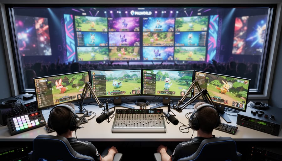 Camera operator and broadcast booth equipment preparing to stream a gaming event