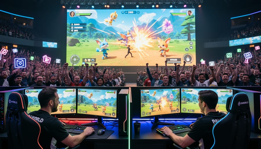 Gamers in headsets playing together at a tournament setup with illuminated monitors and controllers