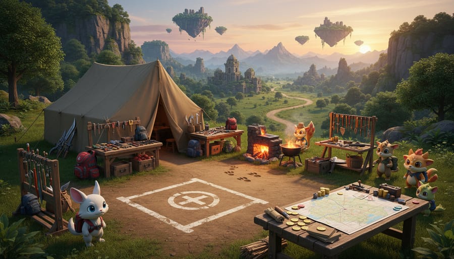 Outdoor survival camp with a fire and supplies at dusk, suggesting adventure and multiplayer readiness