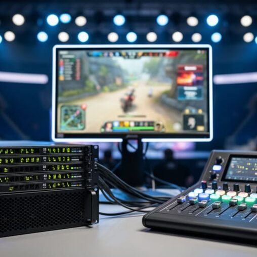 “Esports live broadcast production workstation with streaming hardware, a multi-camera switcher, and monitors displaying blurred gameplay.”